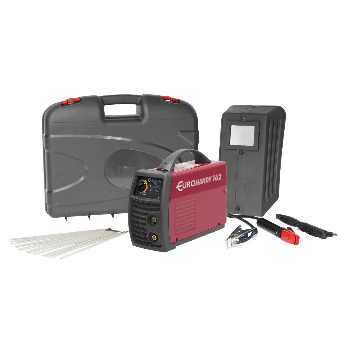 Schweißgerät Eurohandy 132 mit Zubehör, Schweißkabeln, Schutzschild, Elektroden und Transportkoffer auf weißem Hintergrund.