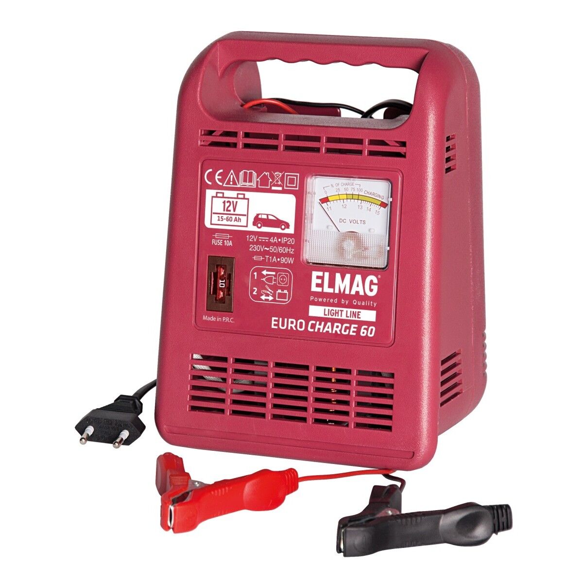 Rotes Batterieladegerät mit Tragegriff, Anzeigeinstrument und Anschlusskabeln mit roten und schwarzen Klemmen für 12-Volt-Fahrzeugbatterien.