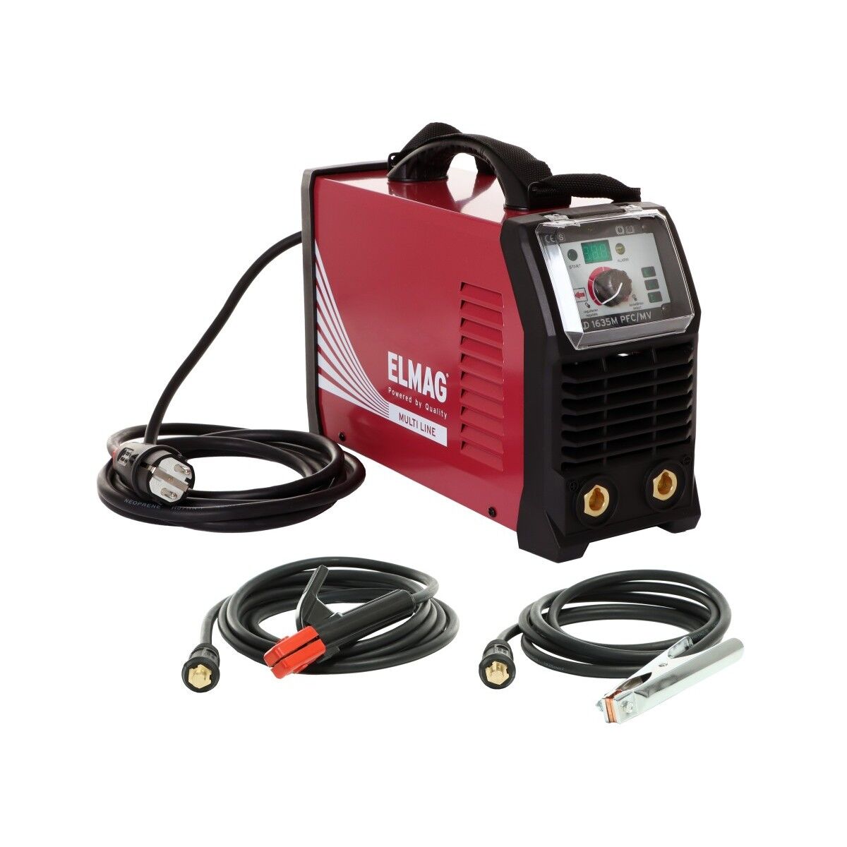 Rotes ELMAG Schweißgerät mit Anschlusskabel, Elektrodenkabel und Massekabel auf weißem Hintergrund.