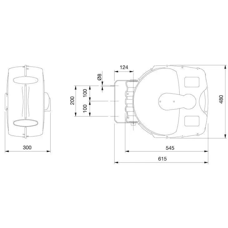Technische Zeichnung einer automatischen Schlauchaufrolleinheit mit Maßangaben in Millimetern, Seiten- und Vorderansicht.