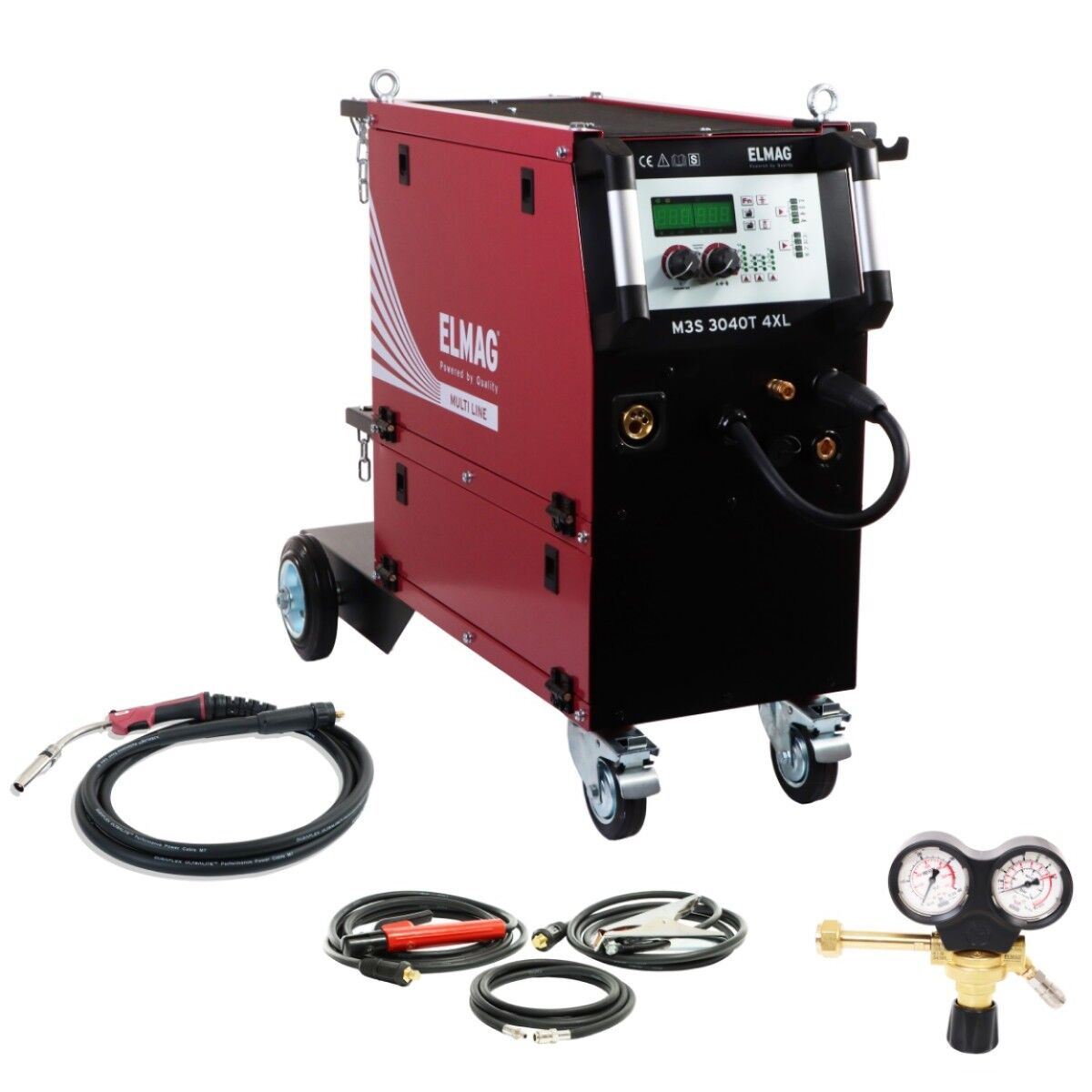 Schweißgerät M3S 3040T 4XL auf Rollen mit Zubehör wie Brenner, Kabeln und Gasdruckregler.
