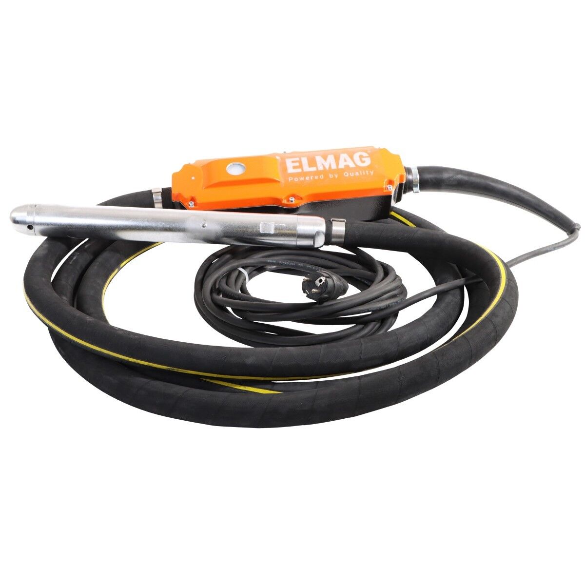 Betonrüttler von Elmag mit elektrischem Antrieb, langem Schlauch und Metallrüttelflasche, aufgewickelt dargestellt.