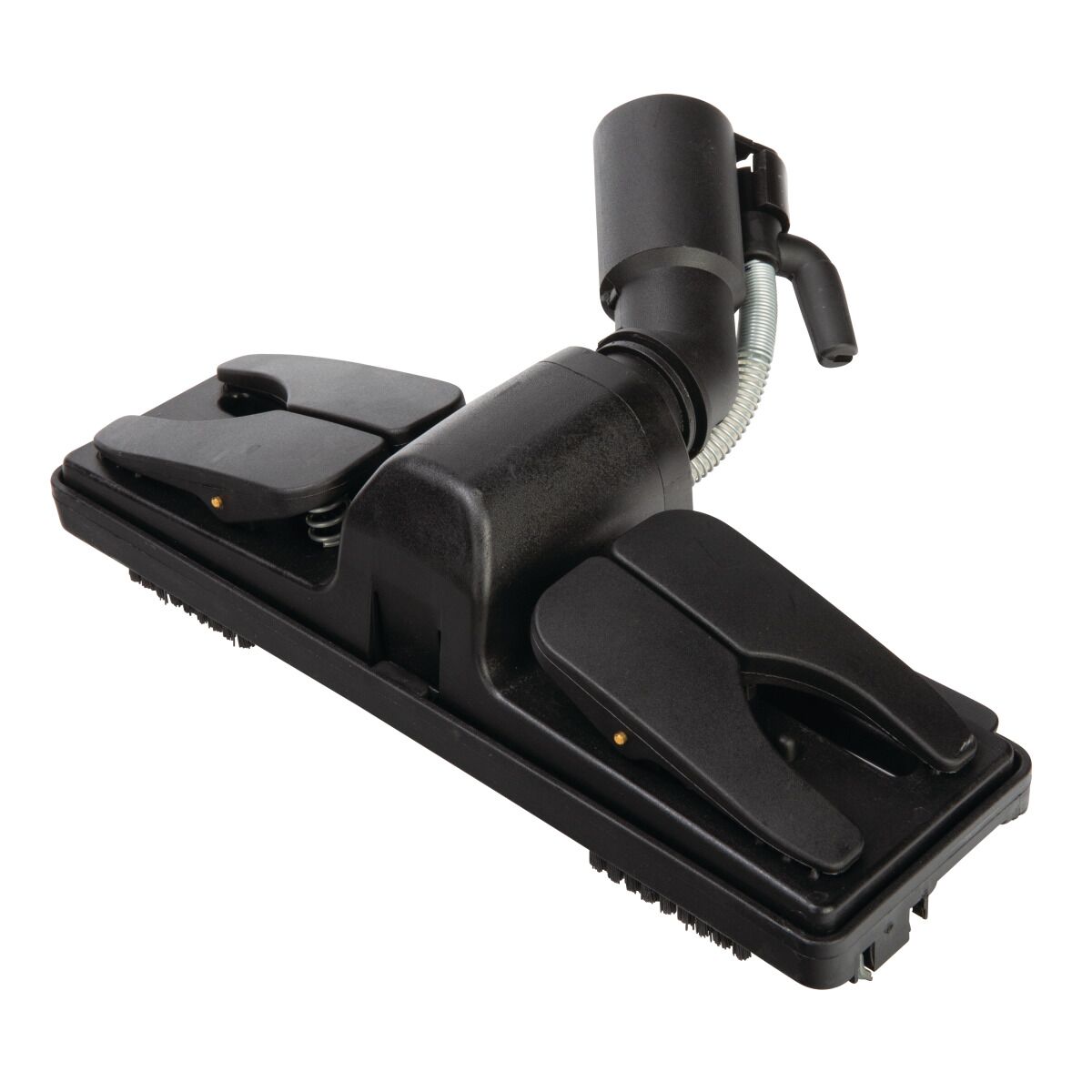 Schwarze Profi-Bodendüse mit flexibler Dampfabführung und Federmechanismus, ideal für gründliche Reinigung von Hart- und Teppichböden mit Dampfreinigern.