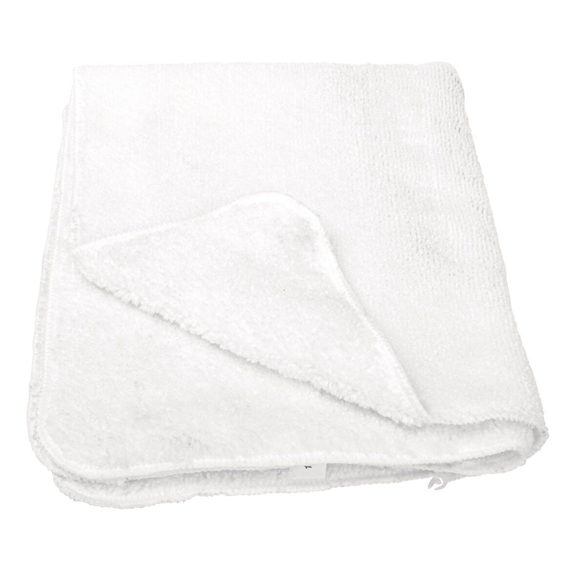 Weißes, weiches Mikrofasertuch, gefaltet dargestellt, geeignet als Reinigungstuch oder Bezug für Dampfreiniger zur schonenden Oberflächenpflege.