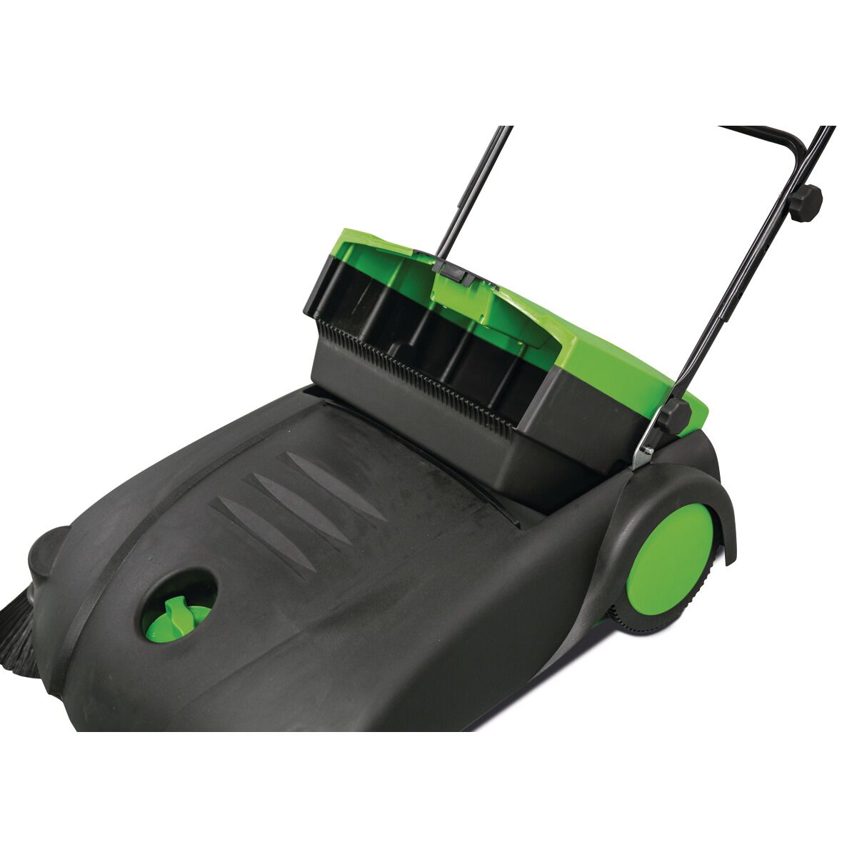 Kehrmaschine mit geöffnetem grünen Schmutzbehälter und sichtbarem Bürstensystem.