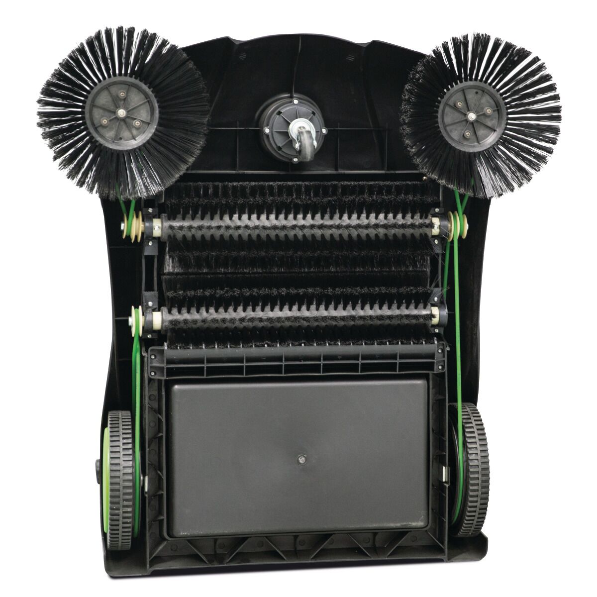 Unterseite der Kehrmaschine mit zwei Seitenbürsten und mehreren Walzenbürsten.