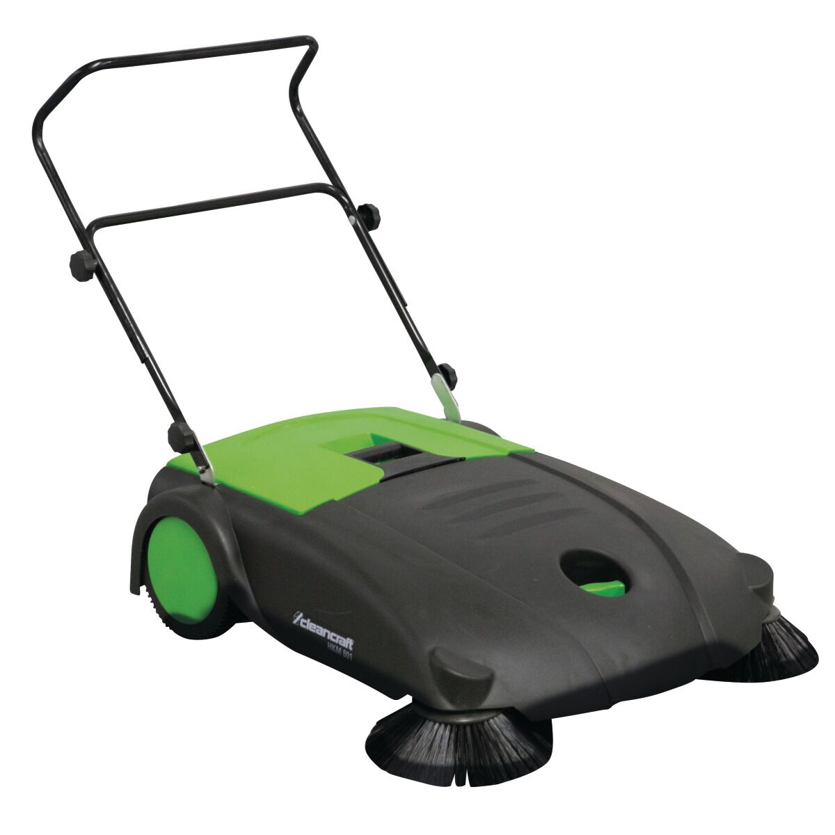 Handgeführte Kehrmaschine mit grün-schwarzem Gehäuse, zwei Seitenbürsten und schwarzem Griffgestänge.