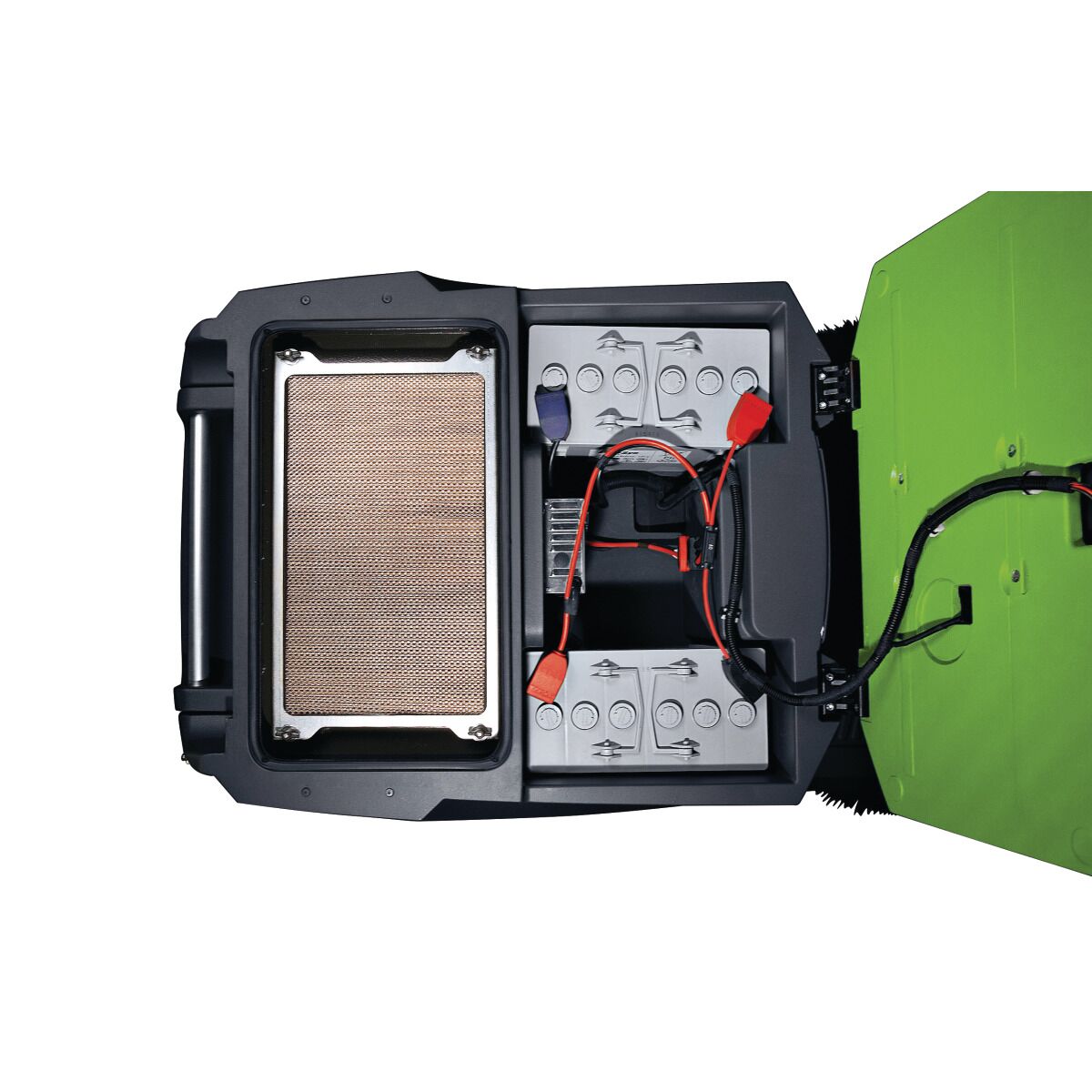 Geöffnete Maschine mit sichtbarem Akku- und Filtersystem im Inneren.