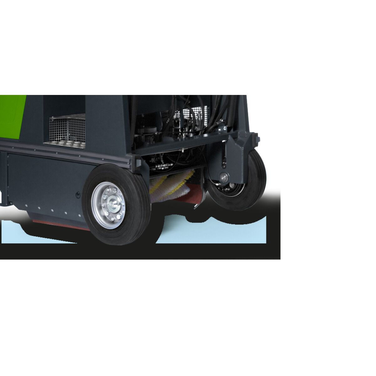 Hintere Ansicht der Kehrmaschine mit gelber Walzenbürste unter dem Gehäuse.