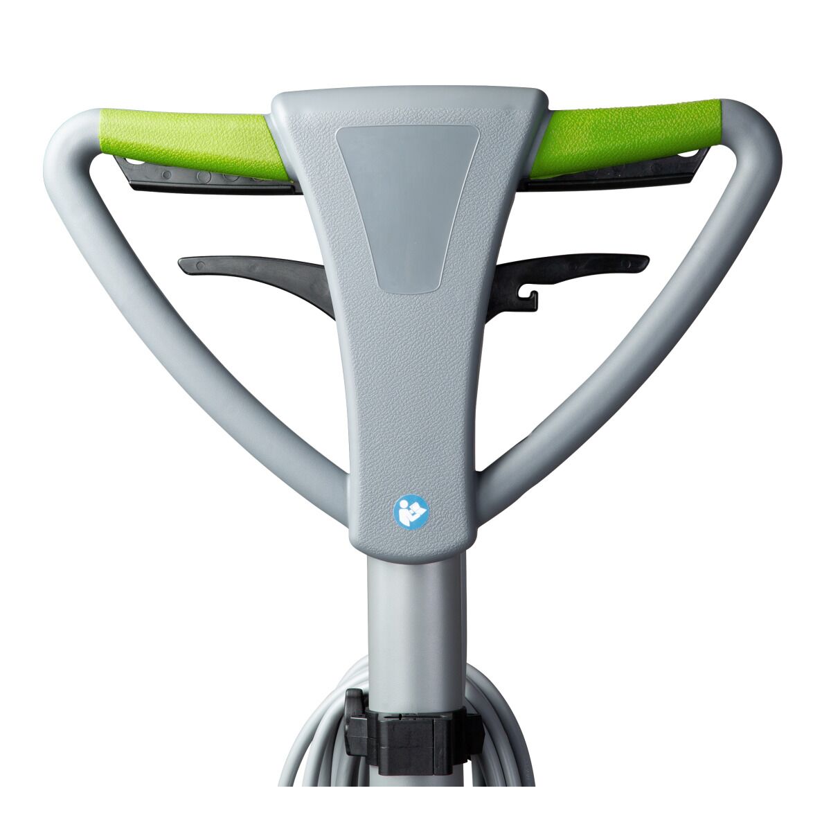 Detailaufnahme des ergonomischen Handgriffs einer Reinigungsmaschine mit grüner Gummierung.