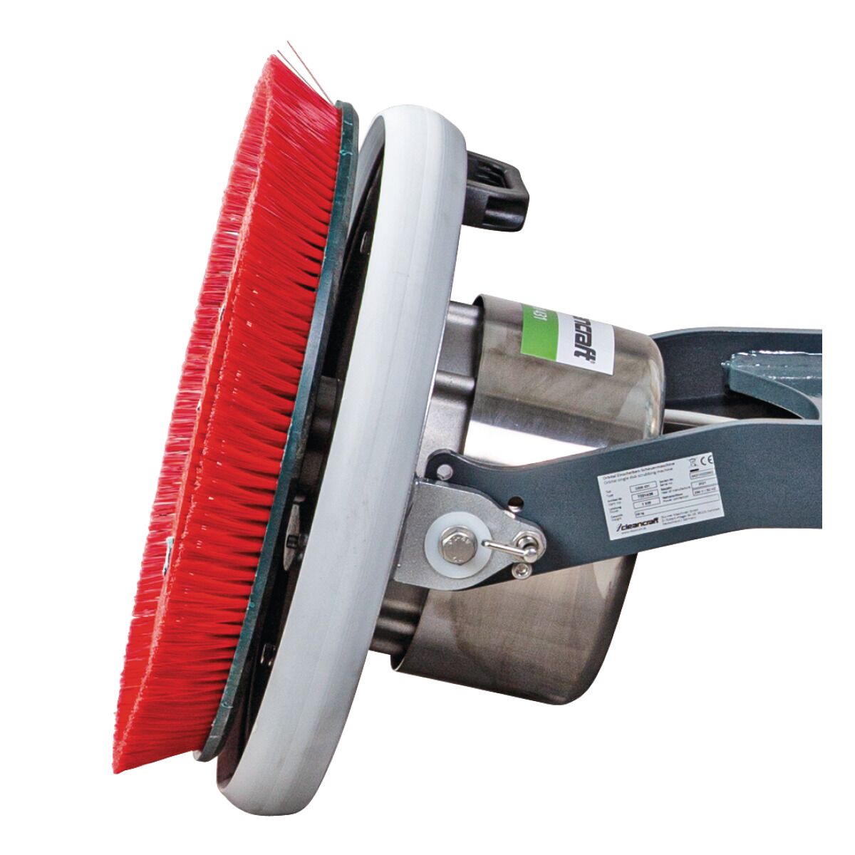Seitenansicht des Bürstenkopfs einer Reinigungsmaschine mit roter Bürste und Edelstahlgehäuse.