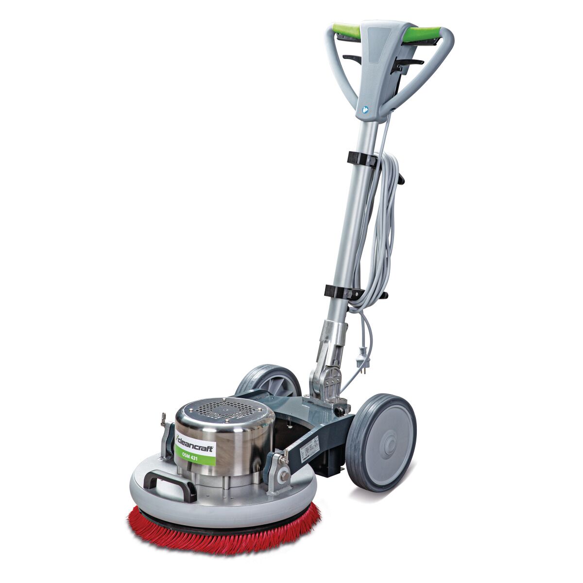 Reinigungsmaschine mit Edelstahlgehäuse und roter Rundbürste, stehende Position mit Griff und Kabel.