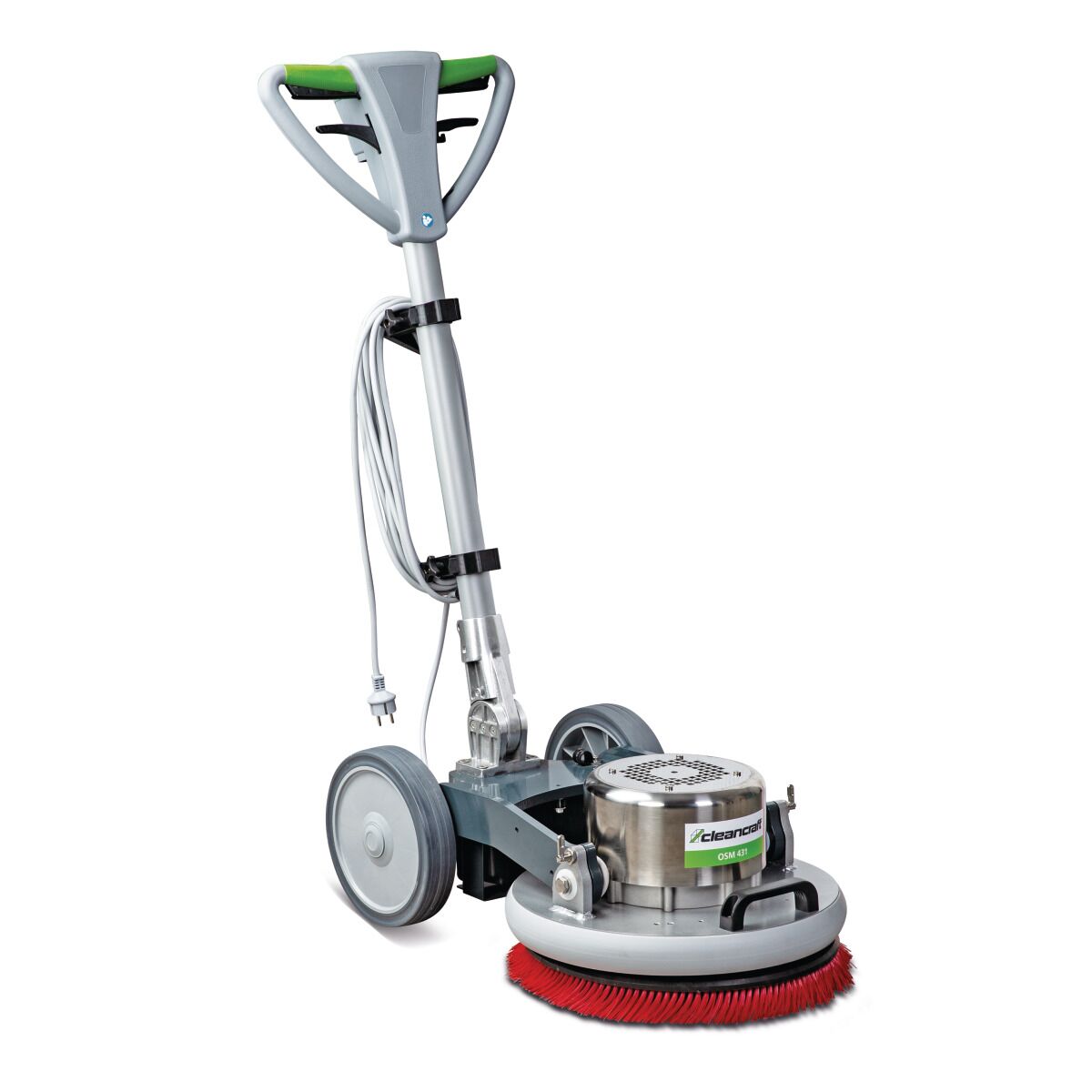 Reinigungsmaschine mit roter Bürste, Edelstahlgehäuse und aufrechter Griffstange mit Kabelhalterung.