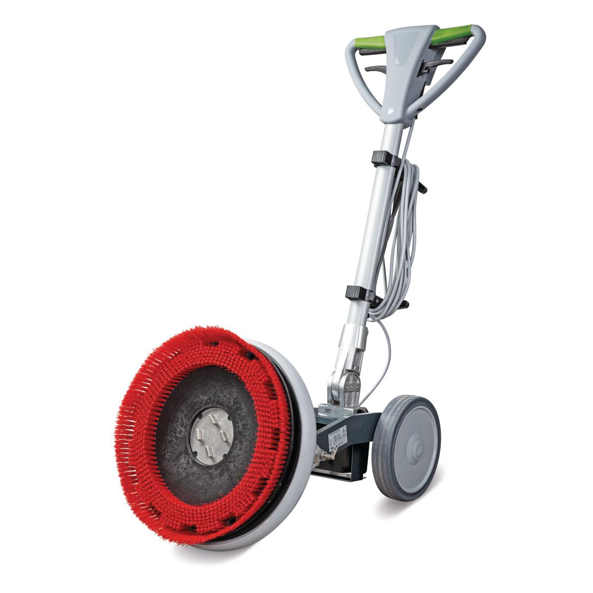 Bodenreinigungsmaschine mit roter Rundbürste und höhenverstellbarem Griff auf zwei Rädern.
