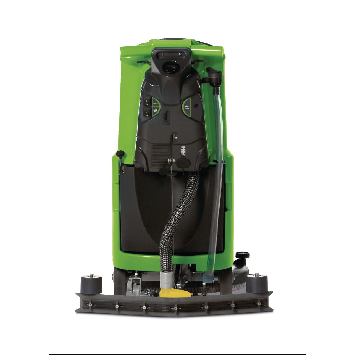 Rückansicht einer grünen Bodenreinigungsmaschine mit Bedienelementen und Schlauchanschlüssen.
