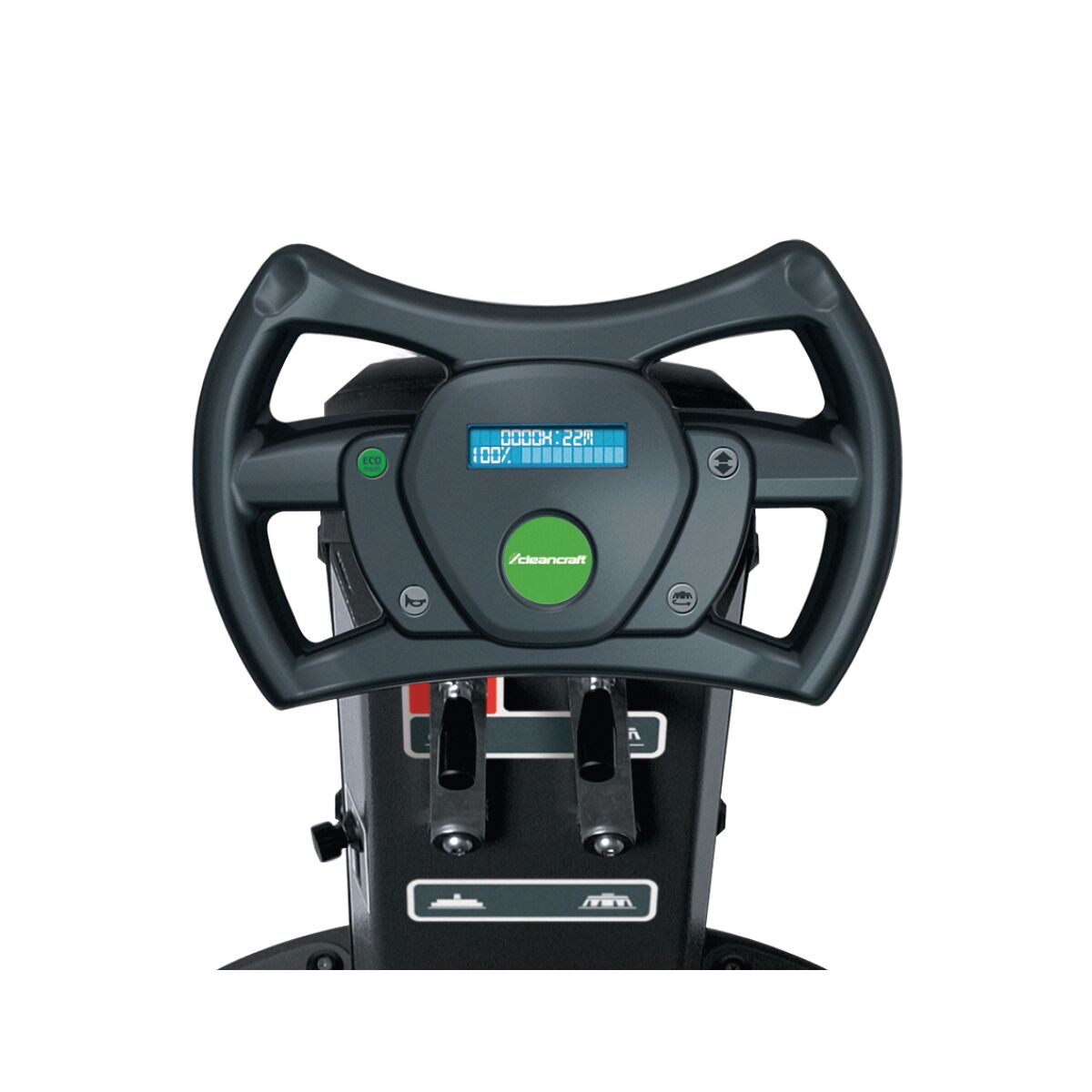 Lenkrad einer Aufsitz-Bodenreinigungsmaschine mit Display und Bedientasten in Nahaufnahme.