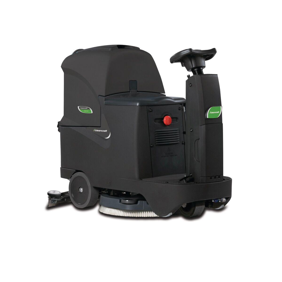 Graue Aufsitz-Bodenreinigungsmaschine mit sichtbarer Rundbürste unten, schräg hinten.