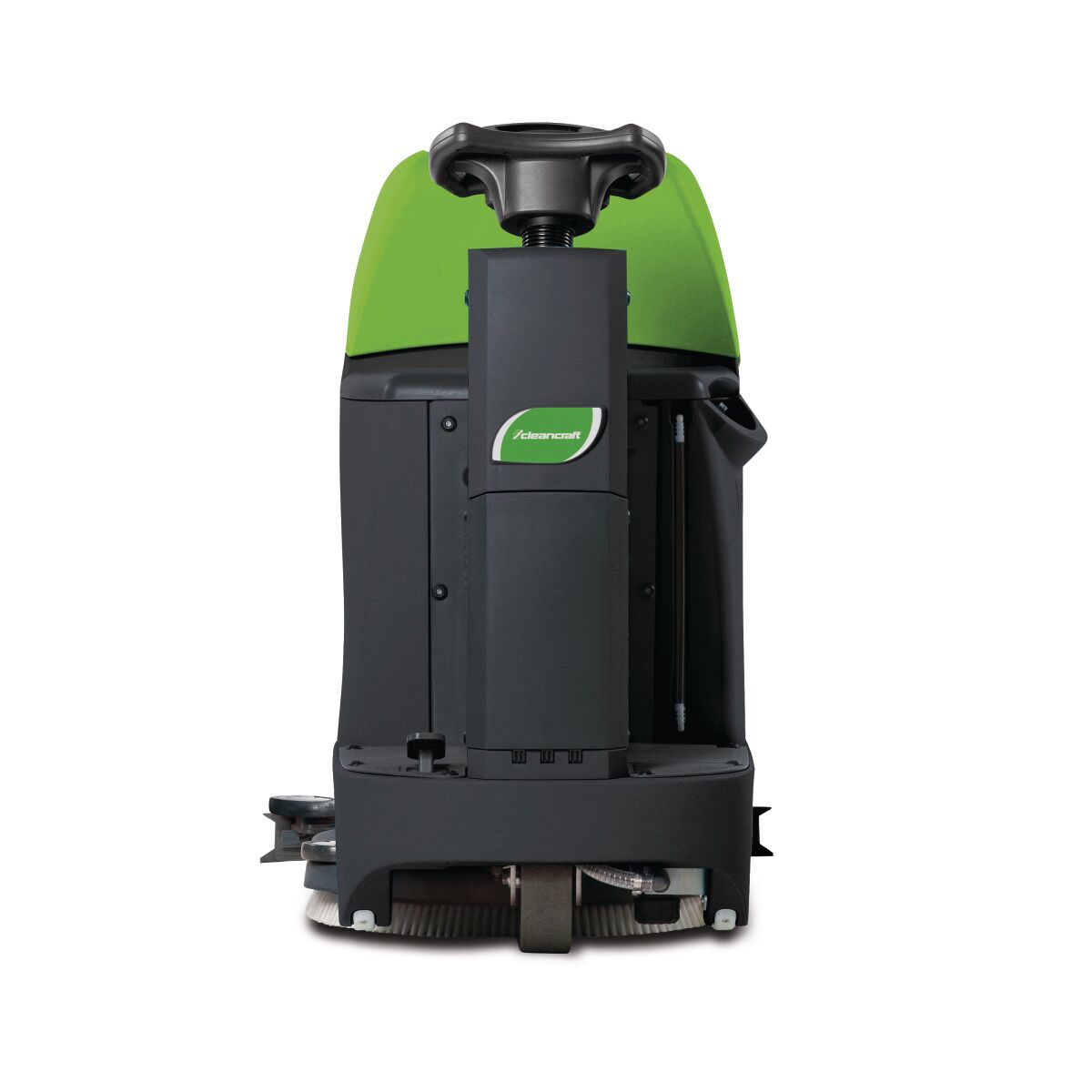 Vorderansicht einer grünen Aufsitz-Bodenreinigungsmaschine mit schwarzer Lenksäule.