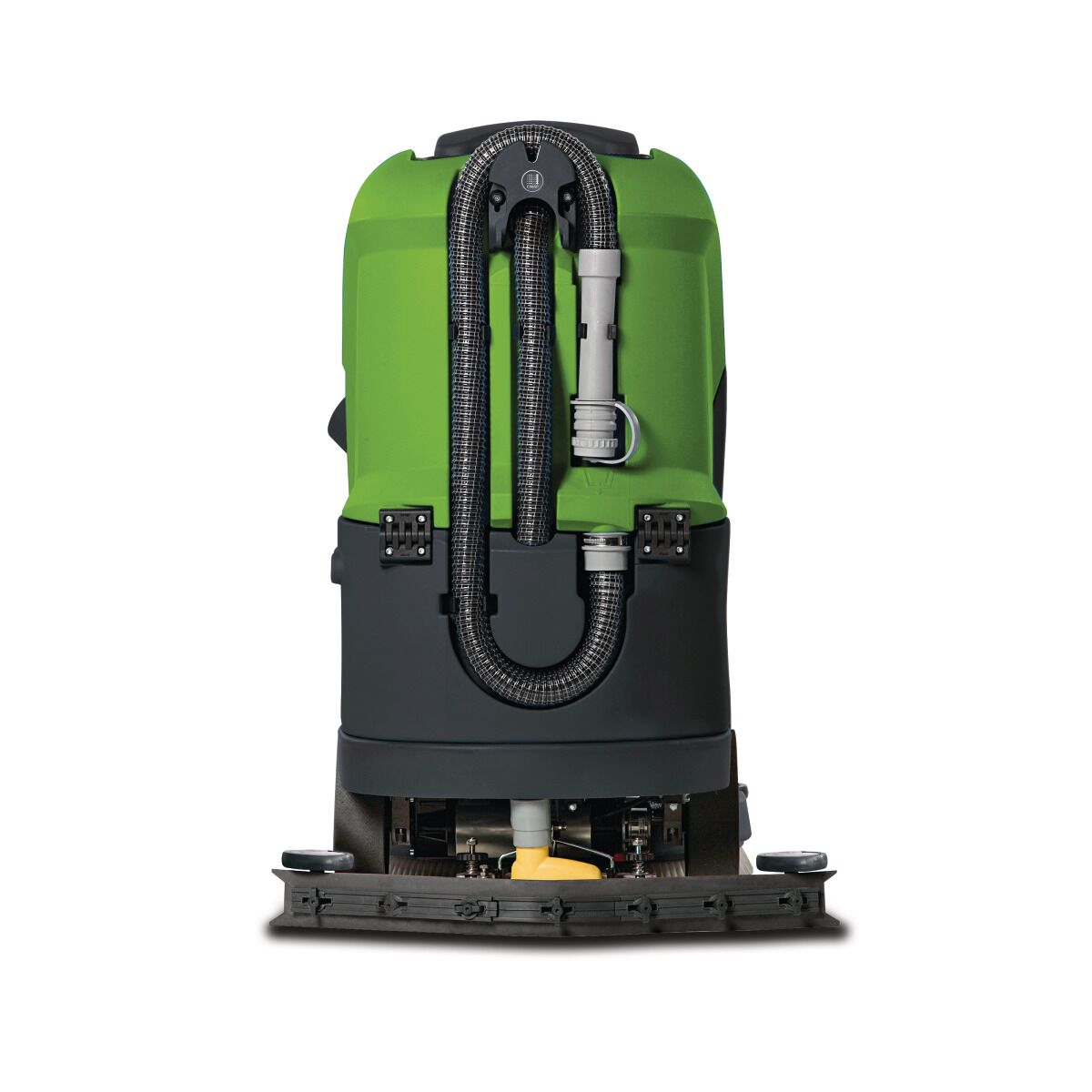 Rückansicht einer grünen Aufsitz-Bodenreinigungsmaschine mit montiertem Saugschlauch.