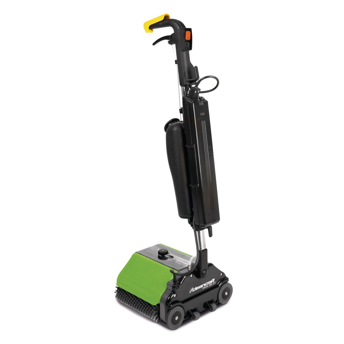 Kompakte grün-schwarze Bodenreinigungsmaschine mit Wassertank und Handgriff.