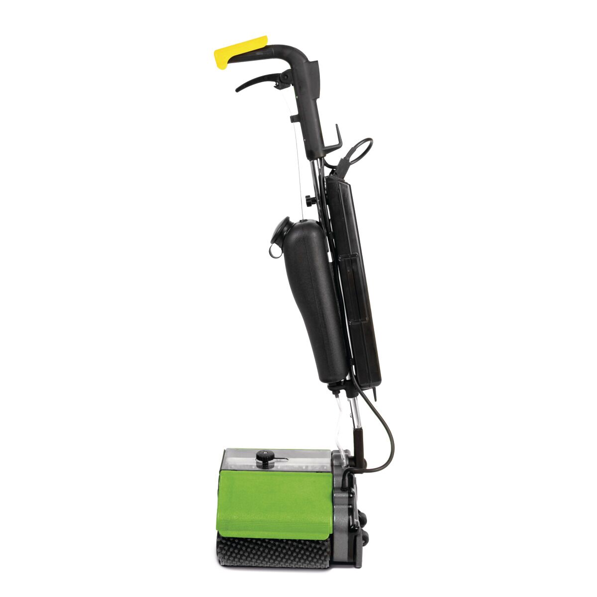 Seitenansicht einer kleinen handgeführten Bodenreinigungsmaschine mit gelbem Griff.