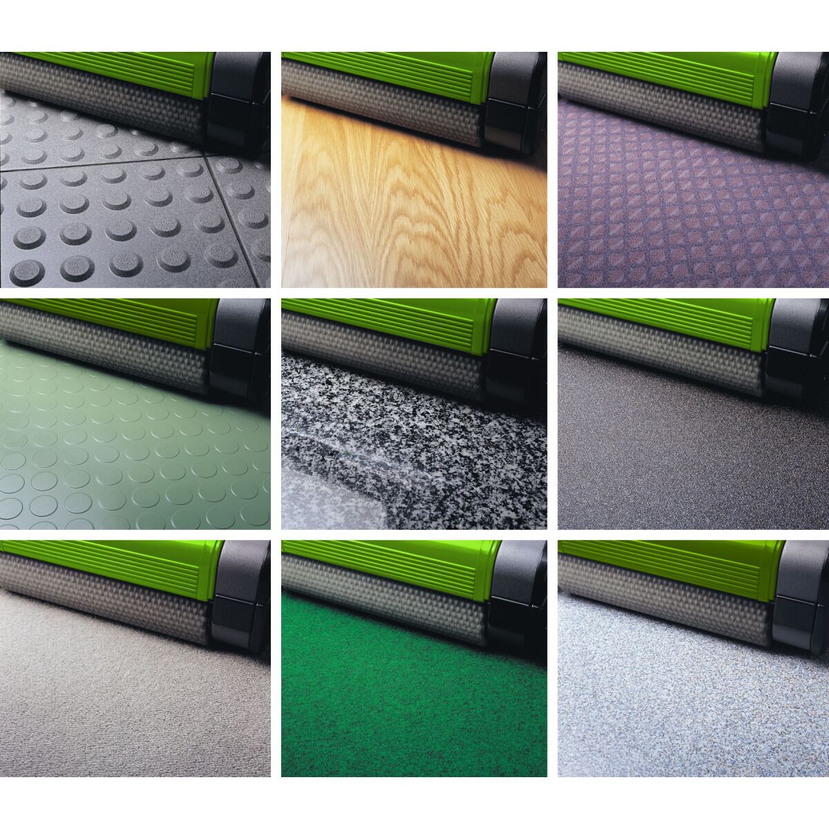 Neun verschiedene Bodenarten unter einer Reinigungsmaschine: Gummi, Holz, Teppich, Granit u. a.