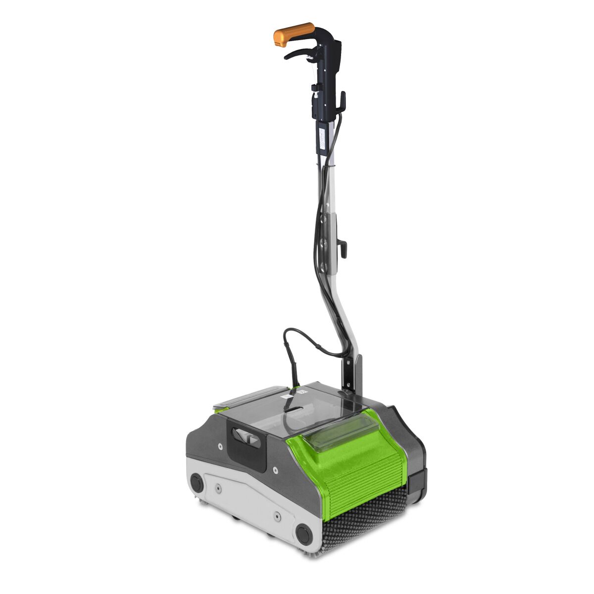 Handgeführte Bodenreinigungsmaschine mit grünem Gehäuse und transparenter Abdeckung.