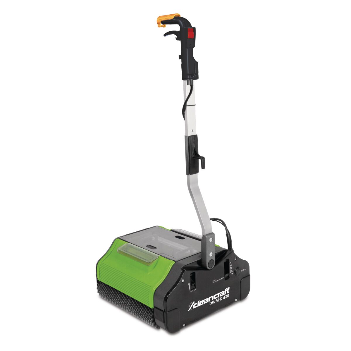 Reinigungsmaschine mit grünem Bürstenkopf und CleanCraft-Logo, perspektivische Ansicht.