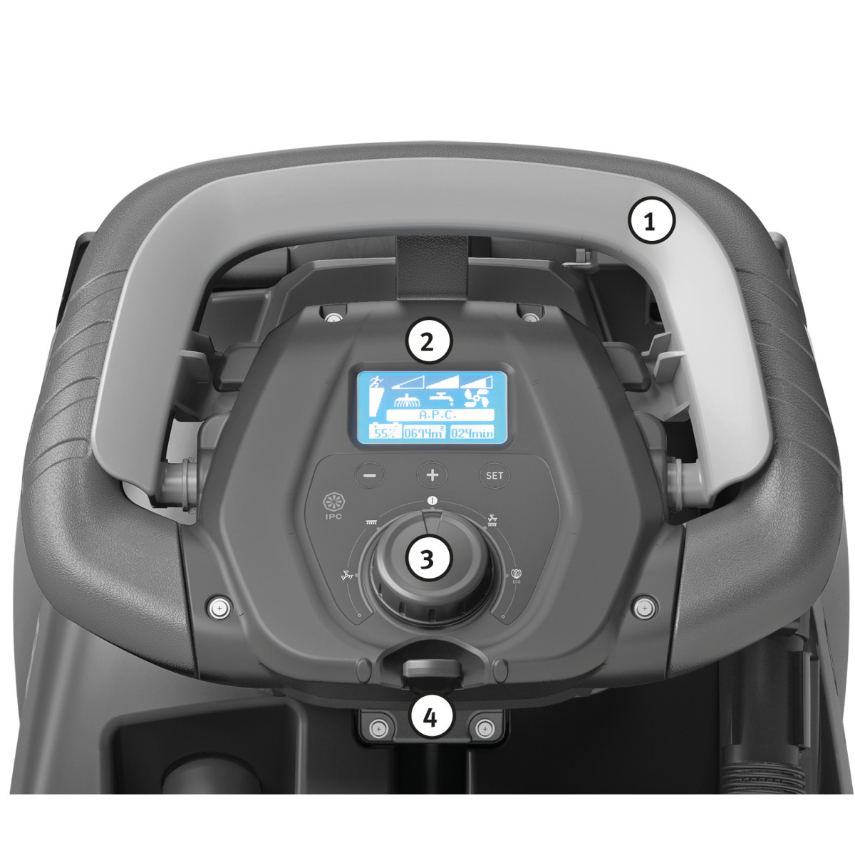 Bedienfeld einer Bodenreinigungsmaschine mit Display, Drehregler und nummerierten Bedienelementen.