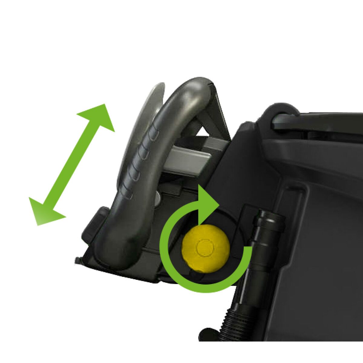 Verstellbarer Handgriff einer Bodenreinigungsmaschine, dargestellt mit grünen Pfeilen und gelbem Drehknauf.