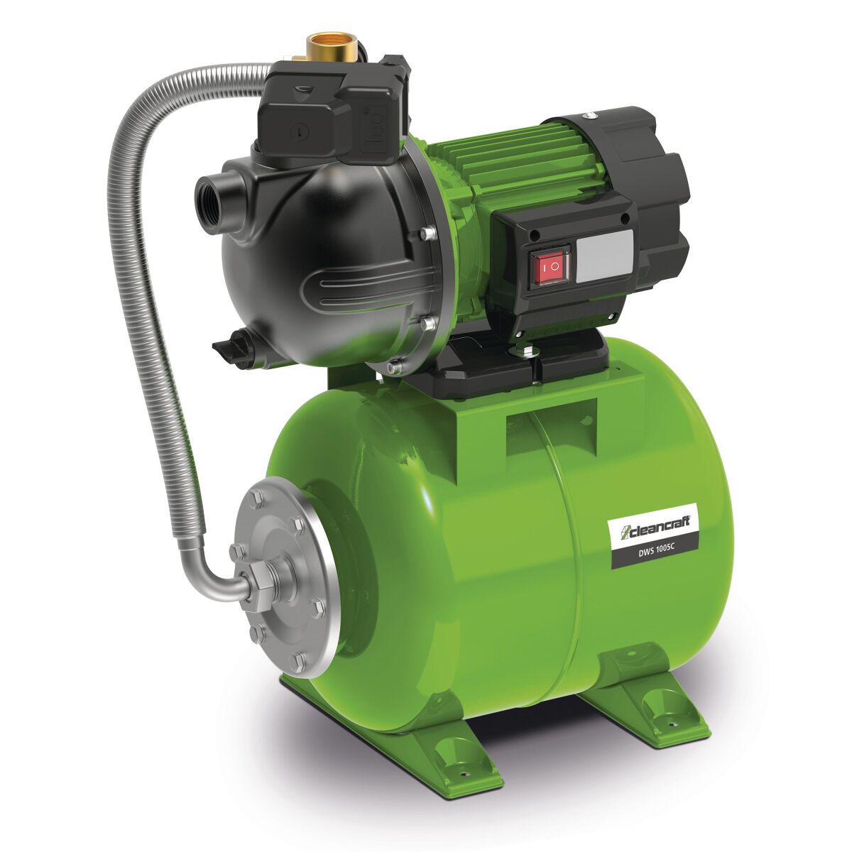 Grüne Hauswasseranlage mit schwarzer Pumpe, Druckkessel und flexiblem Anschlussrohr, Modell Cleancraft DWS 1005C.