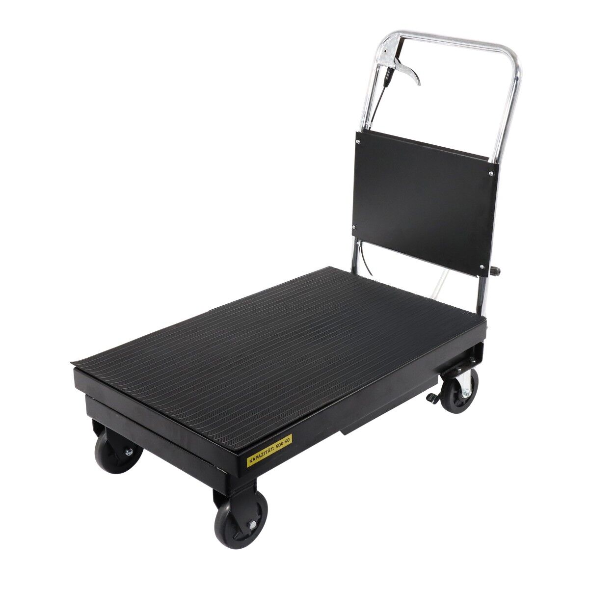 Hubtischwagen abgesenkt in Schrägansicht: schwarze rutschfeste Plattform, Chrom-Griffbügel mit Handhebel, vier Rollen.