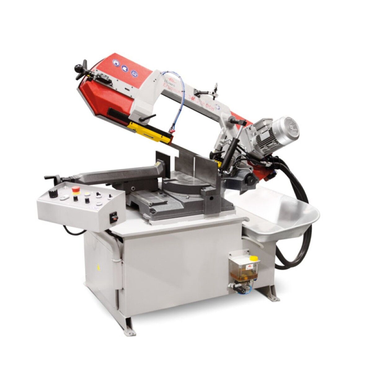 ELMAG Metallbandsäge mit Schwenkarm, Spannvorrichtung, Motorantrieb und Bedienfeld auf weißem Hintergrund.