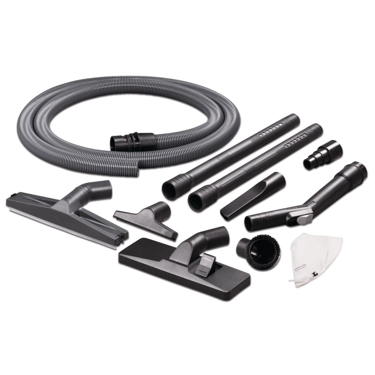 Zubehörset für Nass-Trockensauger mit Düsen, Rohren, Schläuchen und Filtern.
