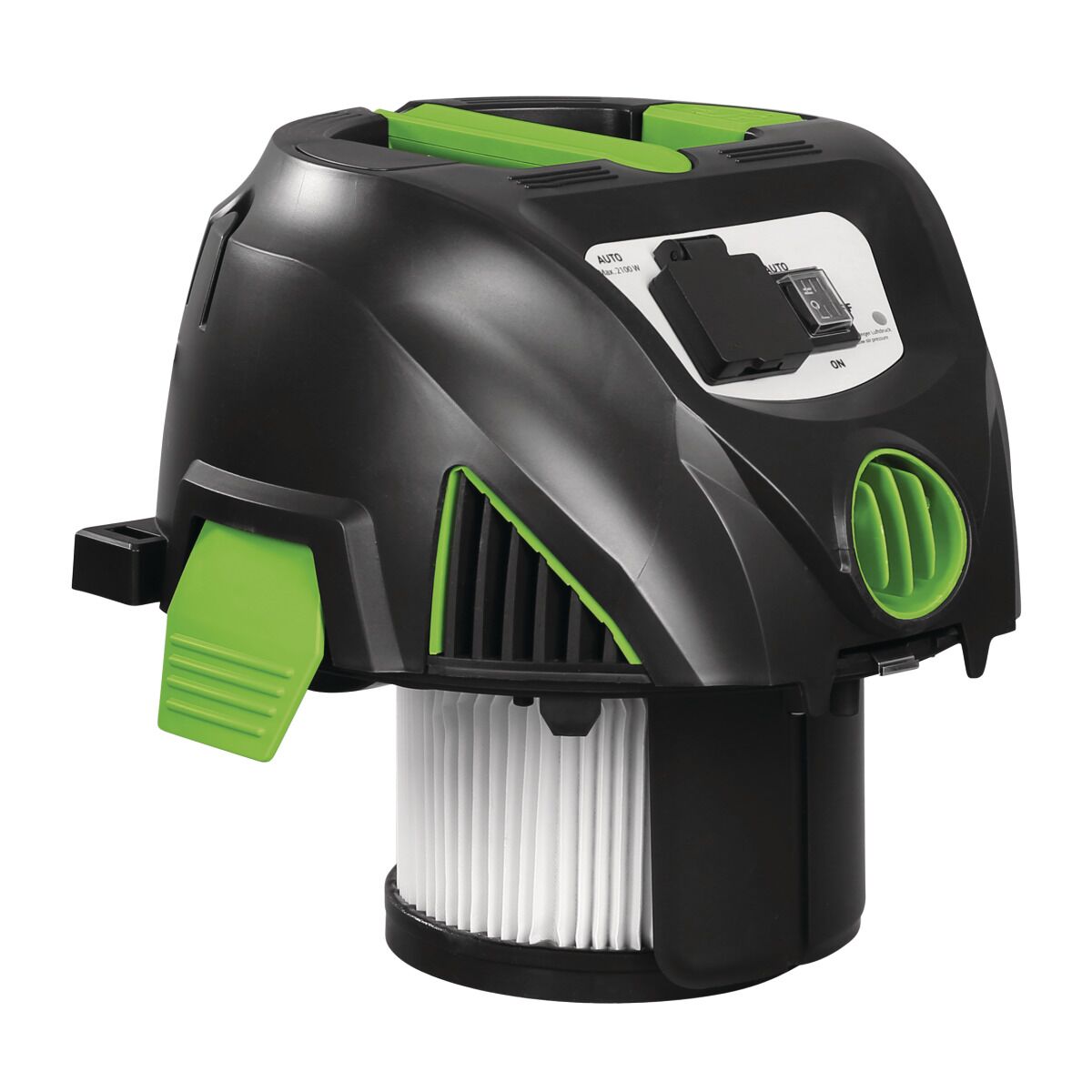 Abgenommener Motorkopf mit Filtereinsatz und grünem Luftanschluss, separat abgebildet.