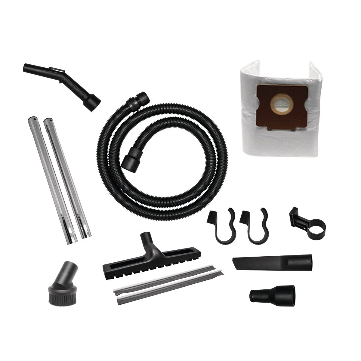 Zubehörset mit Schläuchen, Rohren, Düsen, Bürsten und Staubbeutel für Nass- und Trockensauger.