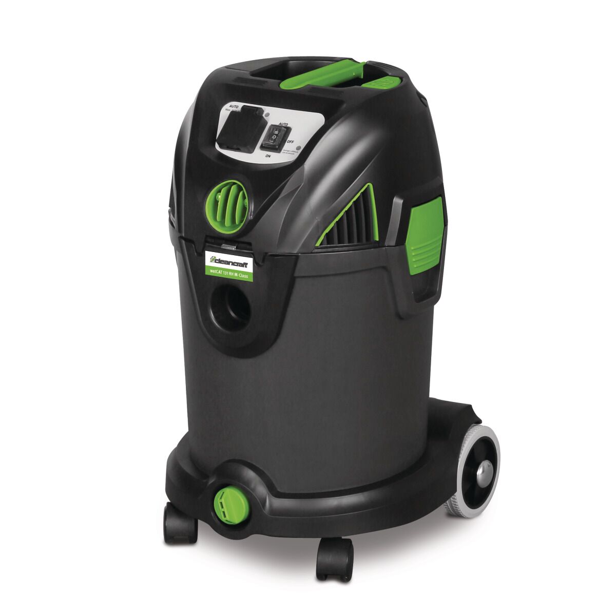 Kompakter Nass- und Trockensauger mit schwarzem Gehäuse und grünen Bedienelementen.