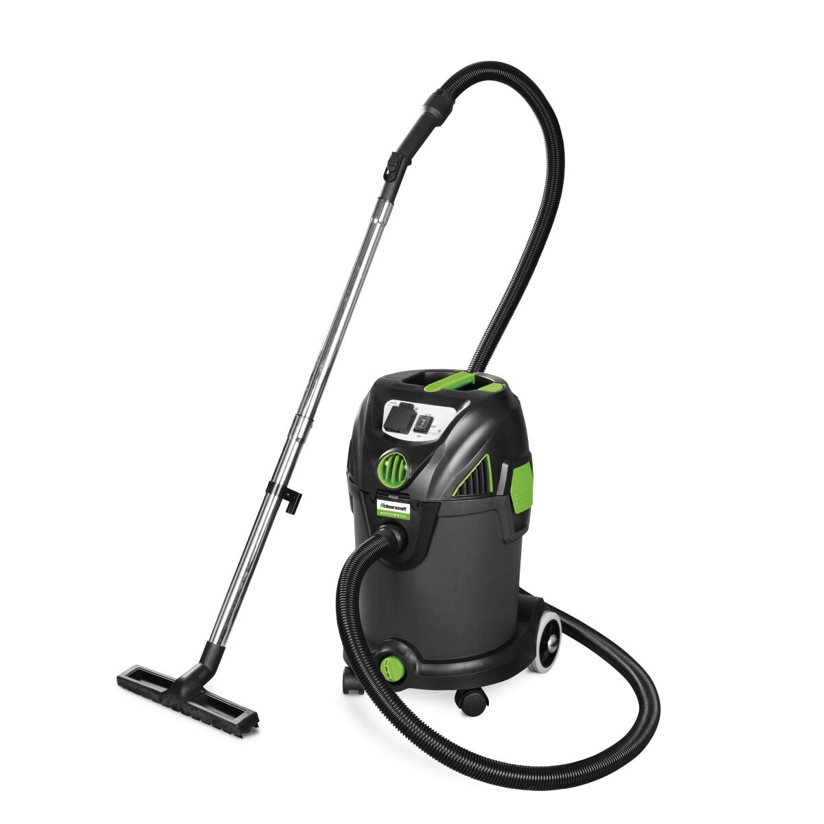 Nass- und Trockensauger mit Edelstahlrohr und Schlauch, seitlich leicht schräg aufgenommen.