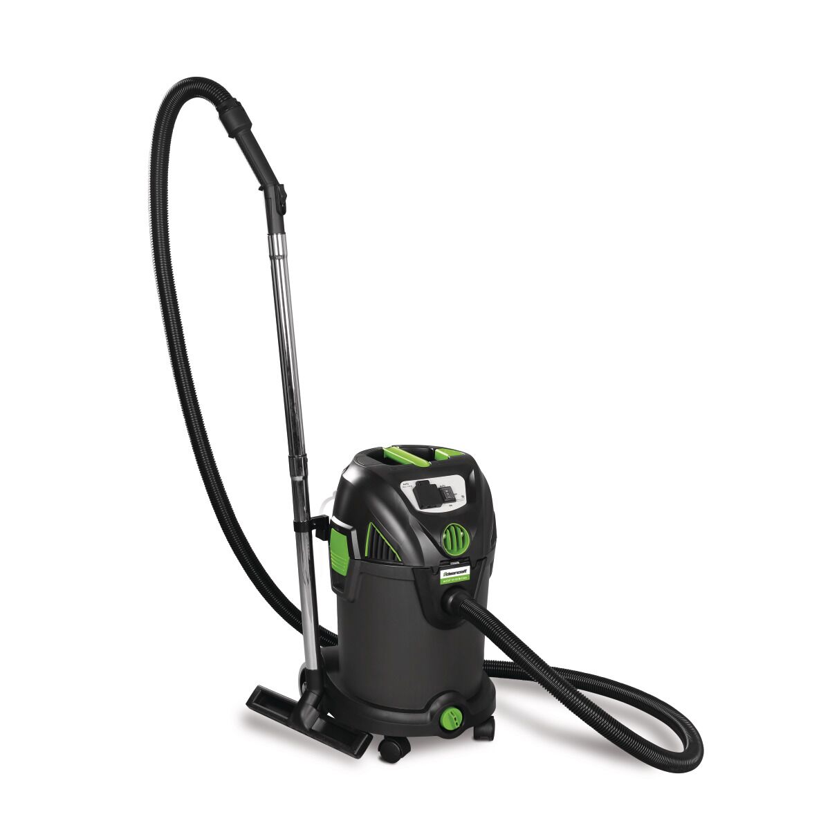 Nass- und Trockensauger mit montiertem Saugrohr, Schlauch und Bodendüse, einsatzbereit gezeigt.