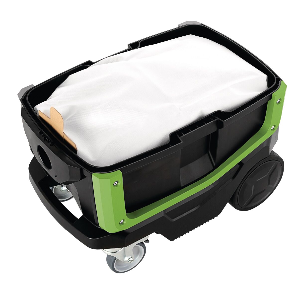 Innenansicht mit geöffnetem Gehäuse und eingesetztem Staubbeutel im Behälter.