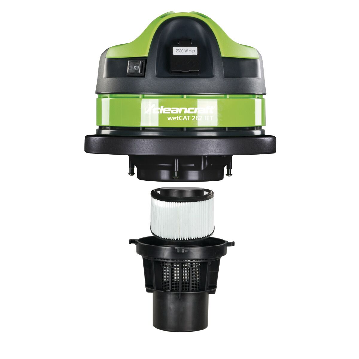 Geöffneter Sauger mit abgenommenem Motorkopf und darunter eingesetztem Filtereinsatz.