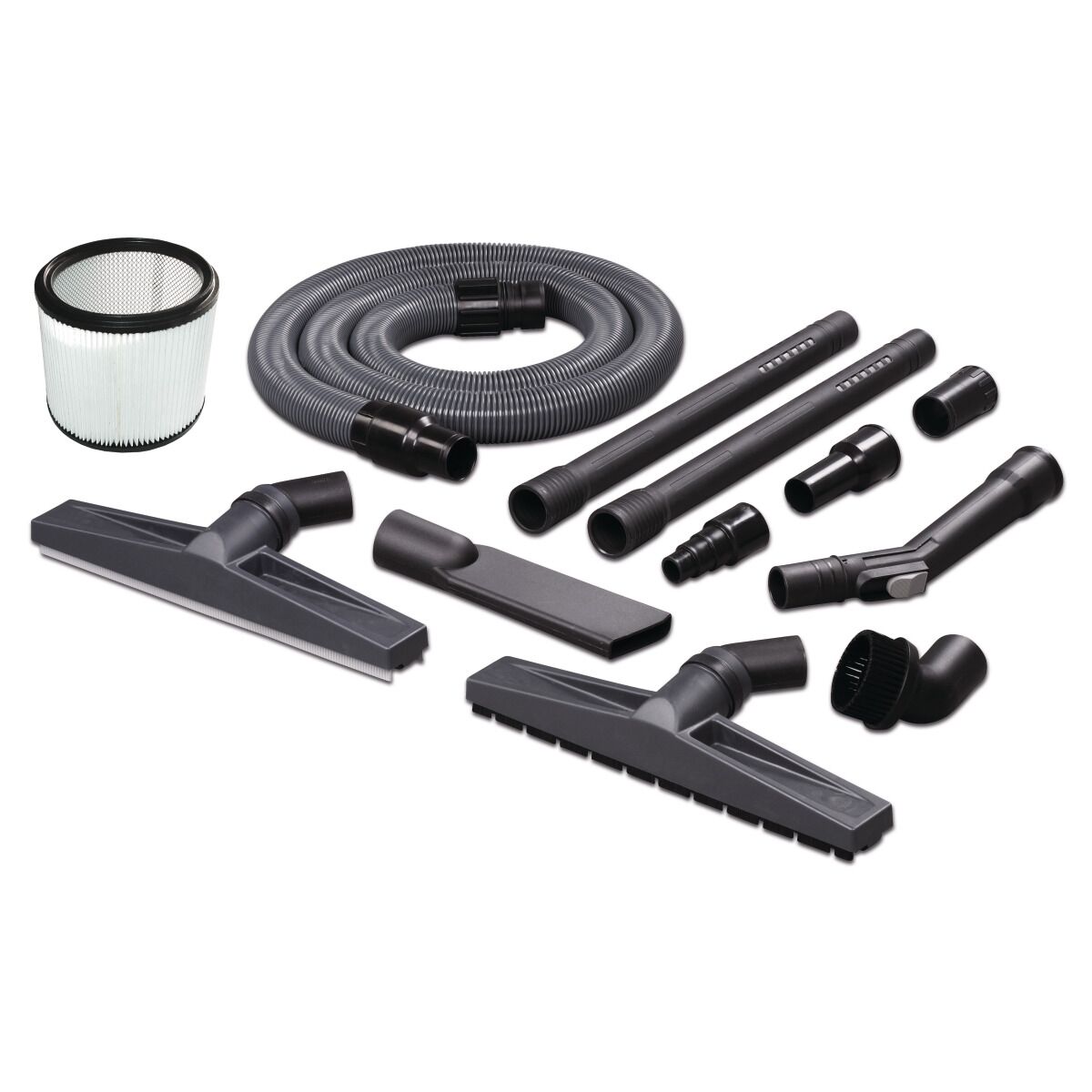 Zubehörset mit Schläuchen, Saugrohren, Düsen und Filtereinsatz für Nass- und Trockensauger.
