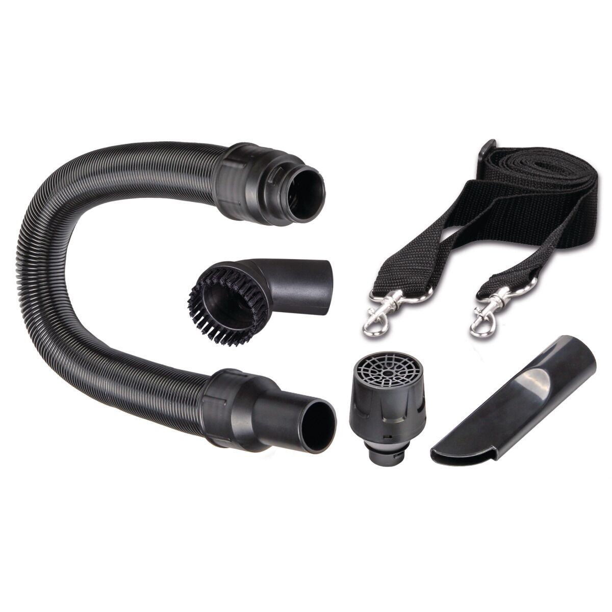 Zubehörset mit Saugschlauch, Düsen, Bürste und Tragegurt auf weißem Hintergrund.