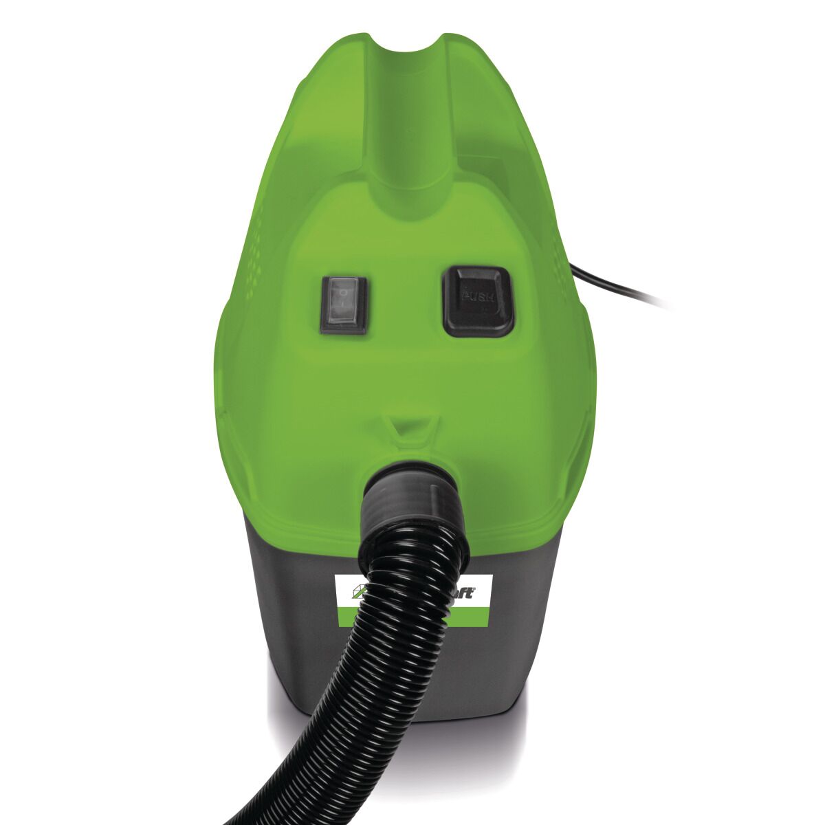 Kompakter Industriestaubsauger mit grünem Gehäuse, schwarzer Basis und angeschlossenem Saugschlauch.