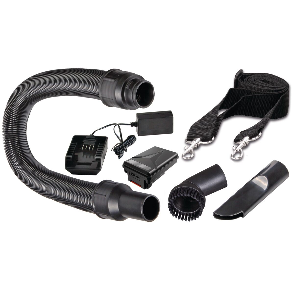 Zubehörset mit Schlauch, Düsen, Bürste, Tragegurt, Akku, Ladegerät und Netzteil.