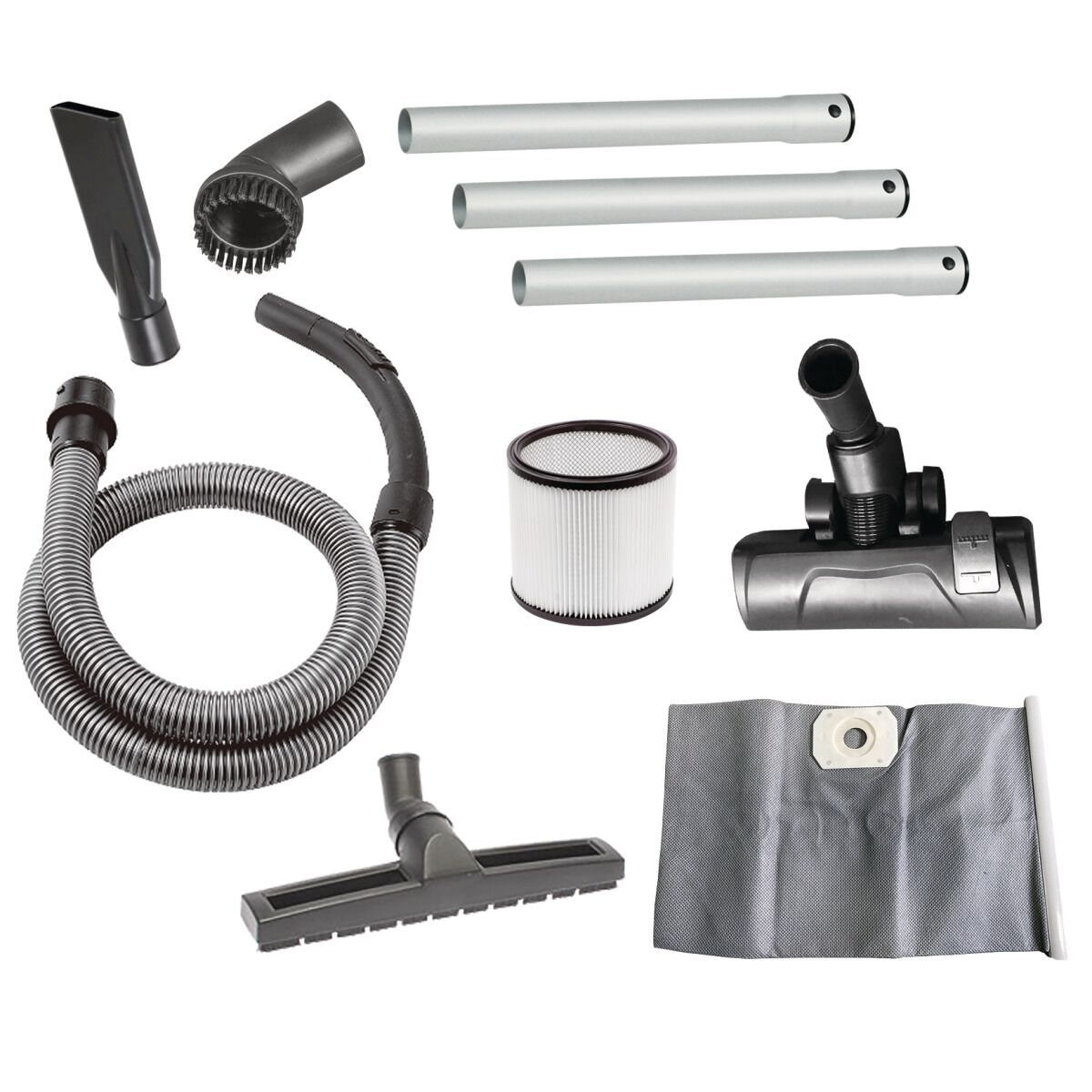 Zubehörset mit Schläuchen, Saugrohren, Düsen, Filter und Staubbeutel für Nass- und Trockensauger.