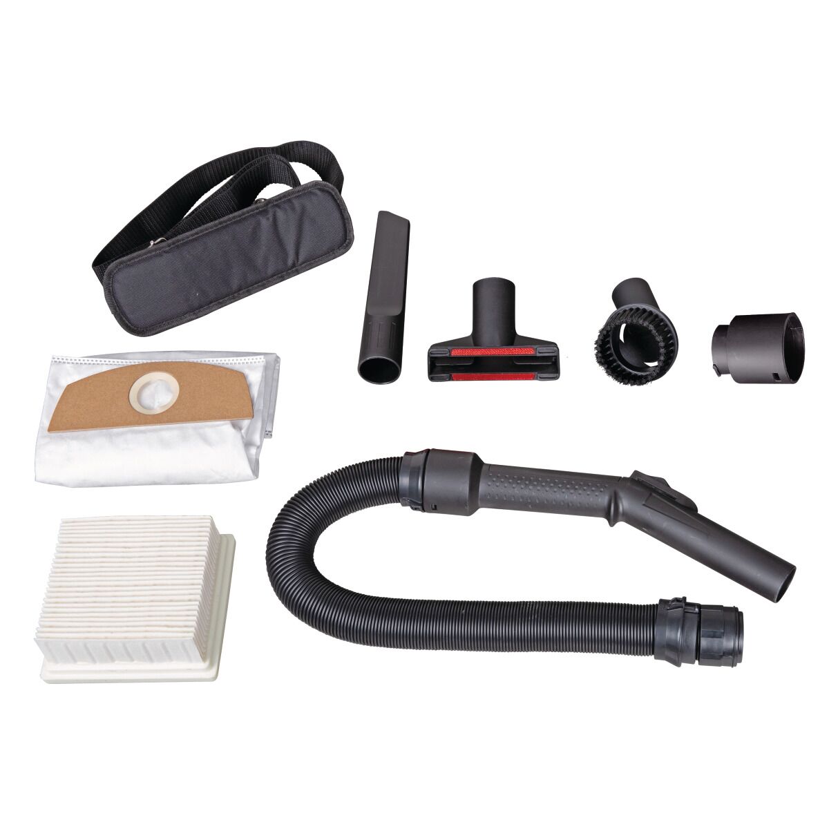 Zubehörset mit Saugschlauch, Filtern, Staubbeutel, Düsen, Bürste und Schultergurt auf Weiß.