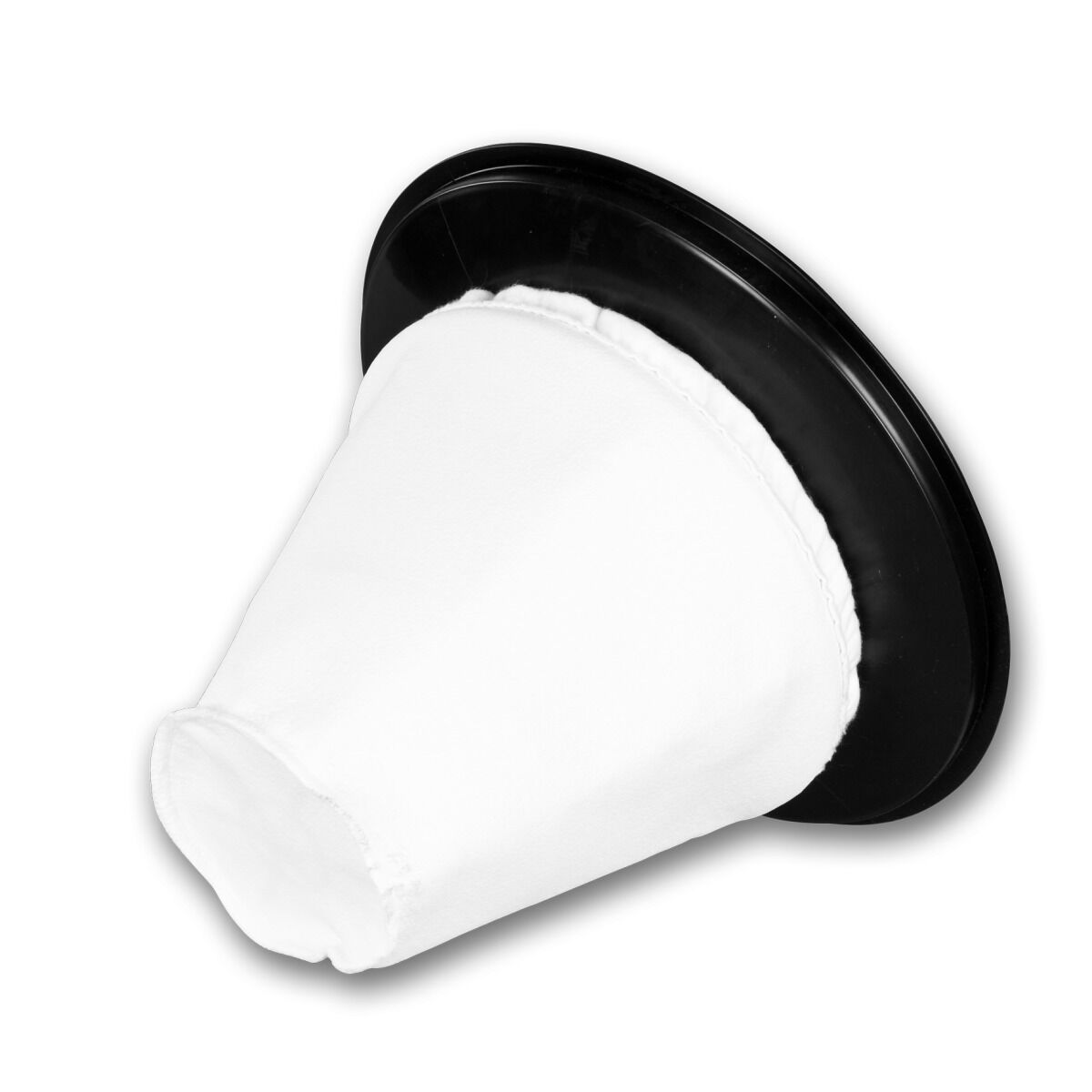 Weißer Filterbeutel für Industriestaubsauger mit schwarzem Rand.