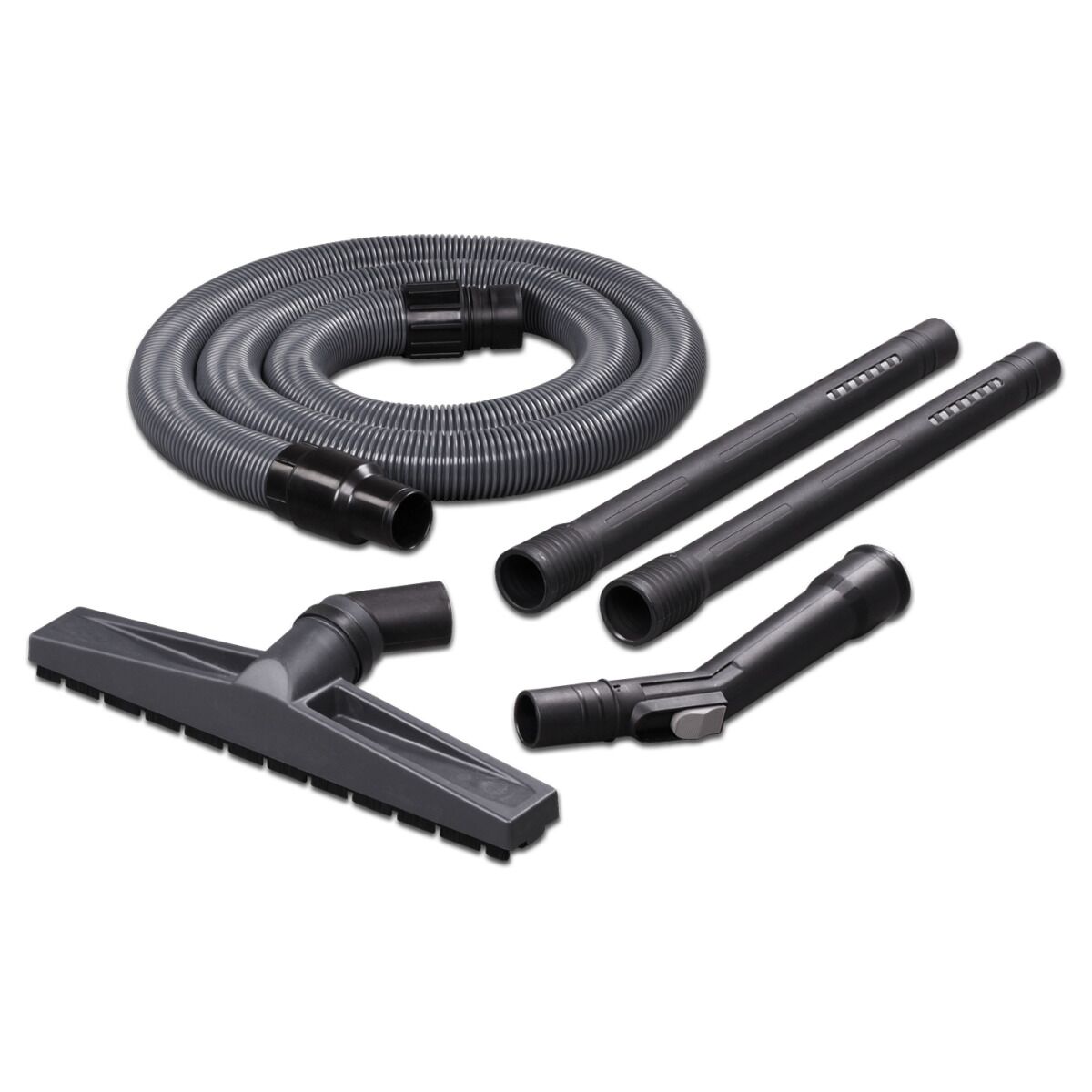 Zubehörset mit Saugschlauch, Rohren, Handgriff und Bodendüse auf weißem Hintergrund.
