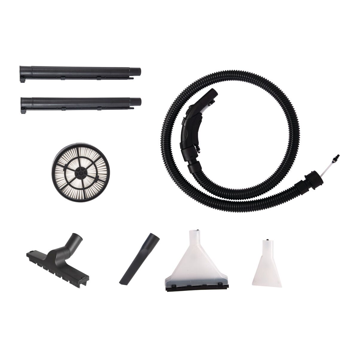 Zubehörteile eines Nass- und Trockensaugers, darunter Schläuche, Filter, Rohre und verschiedene Düsen.